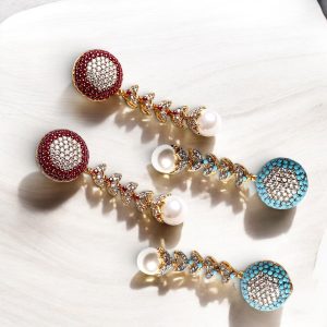 Aurora Pearl Bloom Earrings – 24K Gold Plated Ruby & Turquoise Zirconia Pearl Drop Earrings