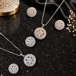 Celestial Blossom Duo 14K Gold & Rhodium Plated Zirconia Pendant Set – Luxury Floral Pendant & Earrings Set