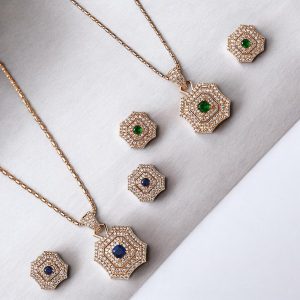 Royal Gem Aura 18K Gold Plated Zirconia Pendant Set – Emerald & Sapphire