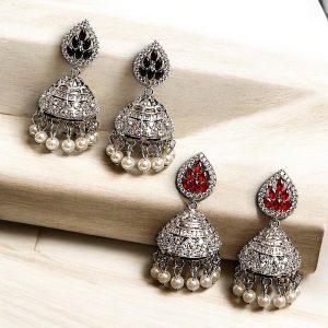 Mehrunisa Jhumka Rhodium Plated Zirconia & Pearl Earrings – Ruby Red & Midnight Black