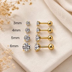 Lumière Solitaire 24K Gold Plated Zirconia Ball Back Ear Studs – 3mm to 6mm
