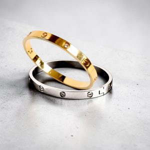 Virelle Signature Stainless Steel Zircon Bangle – Gold & Silver Finish