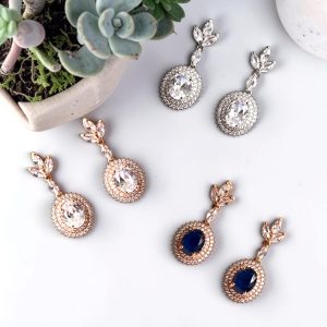 Elysian Halo Oval Zirconia Drop Earrings – 18K Gold & Rhodium Plated